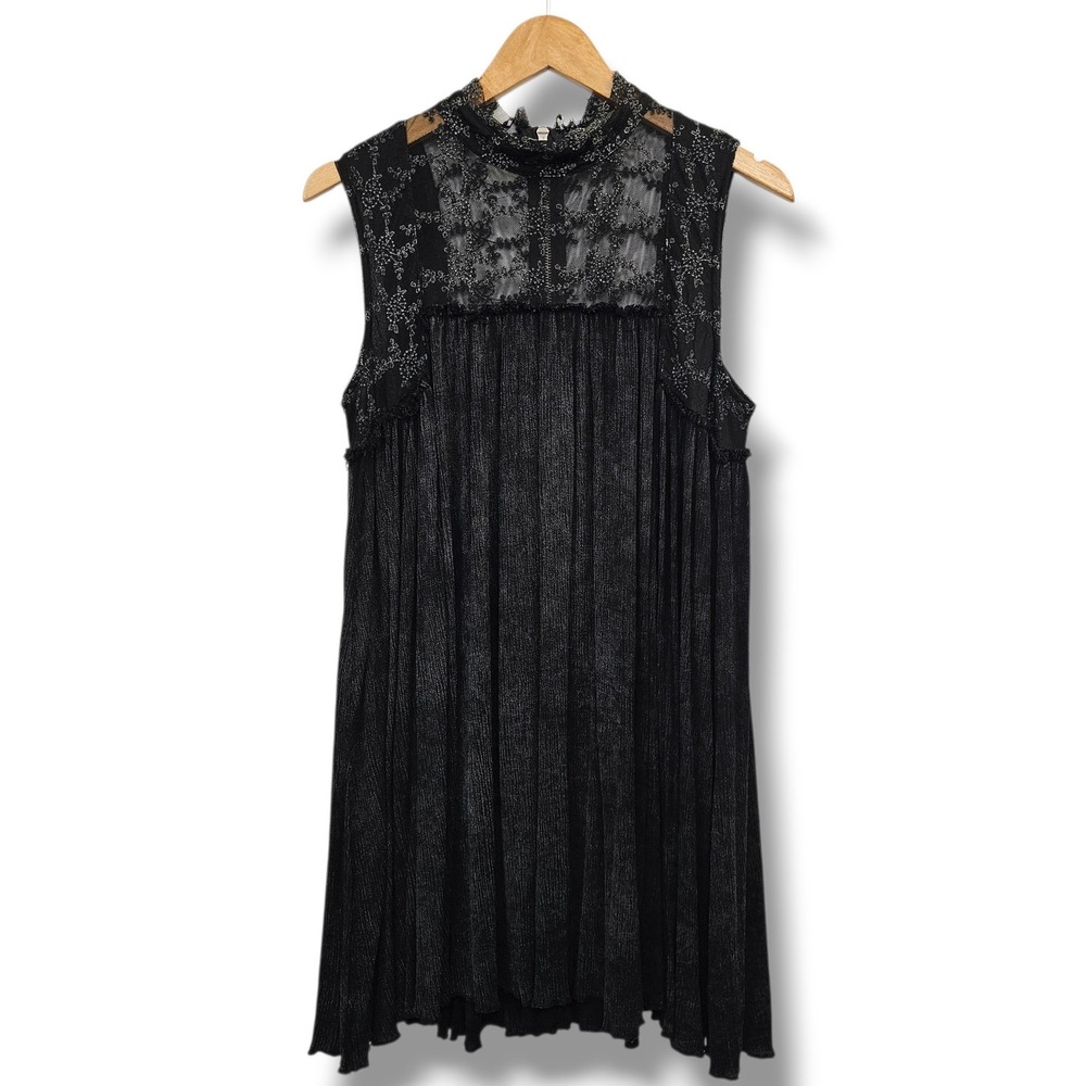Anama Sleeveless Dress M Black Lace Pleated High Neck Goth Grunge Alt Dark Fairy
